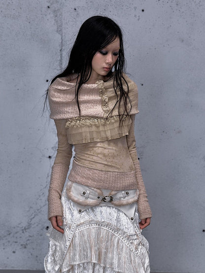 Detachable Sleeve Polka-dot Punk Vintage with Scarf Pattern Top Apricot Long