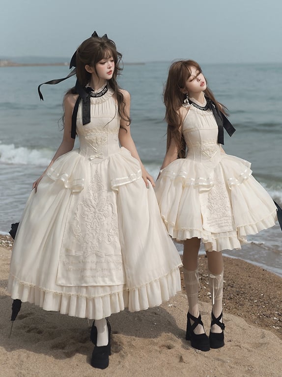 Neck Halter Detail Classic Creamy Dress Lolita Embroidery Backless Delicate