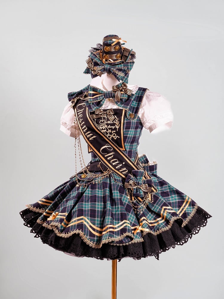 Green Idol Lolita Plaid JSK Dress with Golden Bear Embroidery and Black Scalloped Hem - LiLi Chain