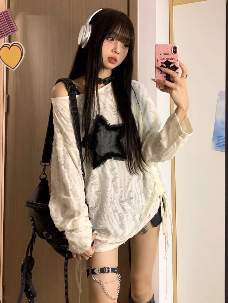 White with Graphic Detail Hole Hem Top Off-Shoulder Tie Star Distressed