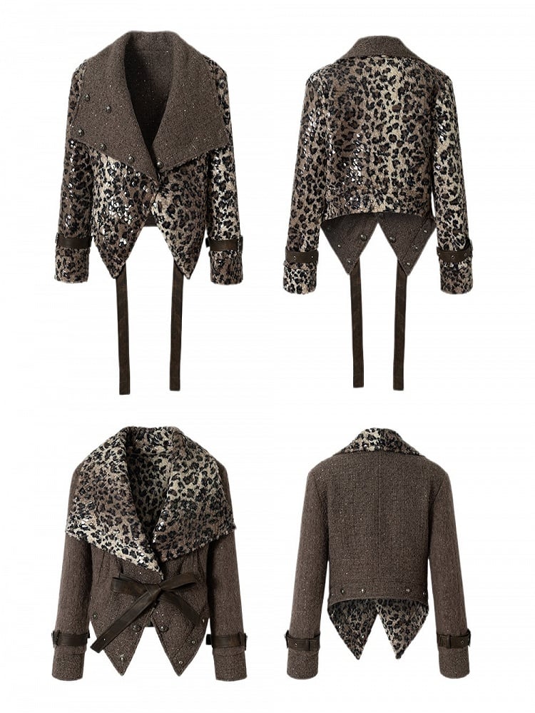 Straps Wool Coat with Tie Vintage Fabric Punk Leopard/Brown PU Reversible