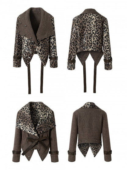 Straps Wool Coat with Tie Vintage Fabric Punk Leopard/Brown PU Reversible