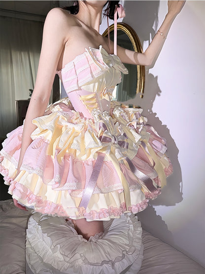 und Korsett mit Ohrenstäbchen, Schleife und Taille, rosa Rockkleid, bauschig, Hase auf süßem gelbem Design