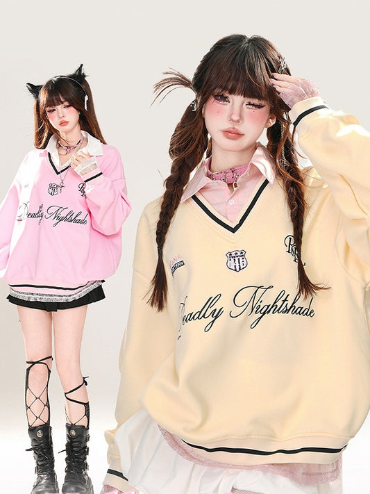 アプリコット/ピンクのポロカラーレター刺繍春ルーズスウェットシャツフェイクツーピース