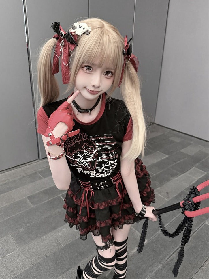 Black & Red Plaid Tiered Skirt with Lace Trim - Puppet Bombs