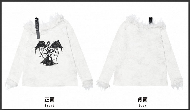 Punk Milk White Angel Asymmetrischer Ausschnitt Langarm Top Plüschbesatz