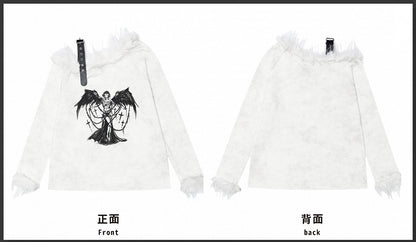 Punk Milk White Angel Asymmetrischer Ausschnitt Langarm Top Plüschbesatz