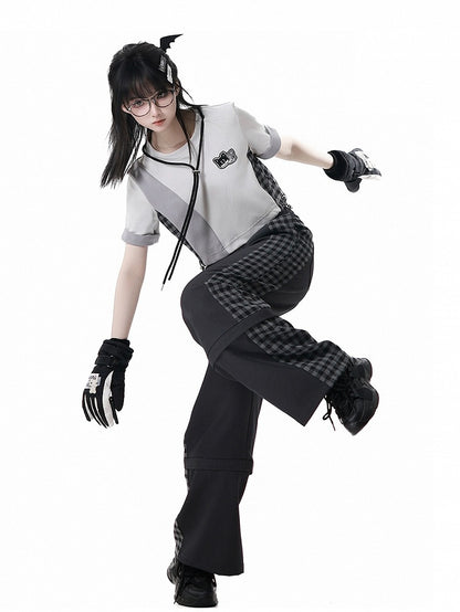 Patchwork Design Plaid Techwear Cropped T-Shirt Gray Colorblock Design