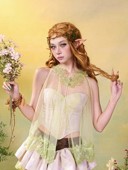 Green Mori Sheer Sleeveless Top Lace Trim - Virtual Orbit