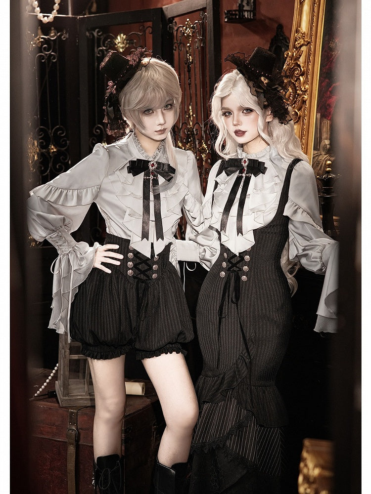 Gothic Ouji 5-Piece Ensemble: Poet Sleeve Shirt, Bloomers, Corset, Mini Hat & Bow Tie - With PUJI