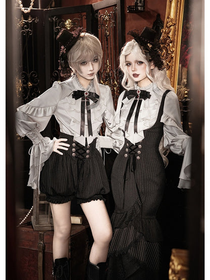 Gothic Ouji 5-Piece Ensemble: Poet Sleeve Shirt, Bloomers, Corset, Mini Hat & Bow Tie - With PUJI
