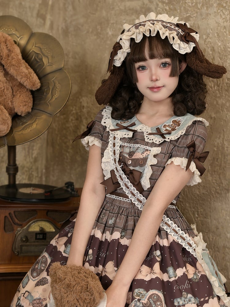 Puppy Sweet Full Cute Lolita Set Braune Taillenhohe und flauschige Kleid-Desserts