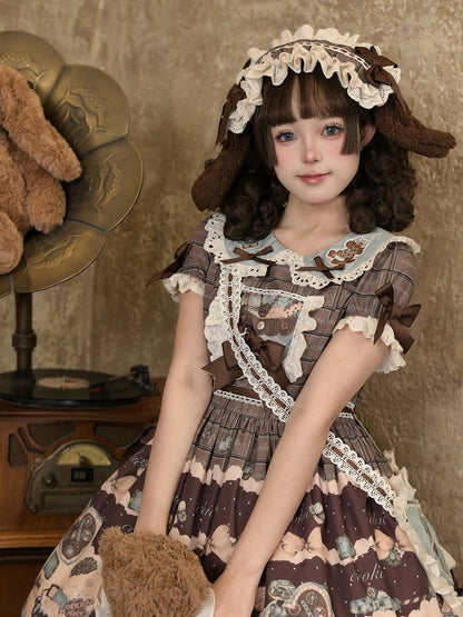 Puppy Sweet Full Cute Lolita Set Braune Taillenhohe und flauschige Kleid-Desserts
