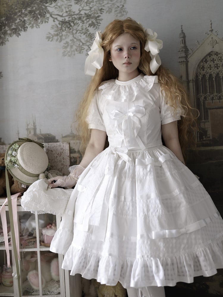 Ivory Checkered Puff Sleeve Lolita One-Piece Dress