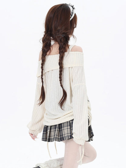 Print Graphic Black Top Edgy with Waist Drawstring Apricot Off-Shoulder Bittersweet