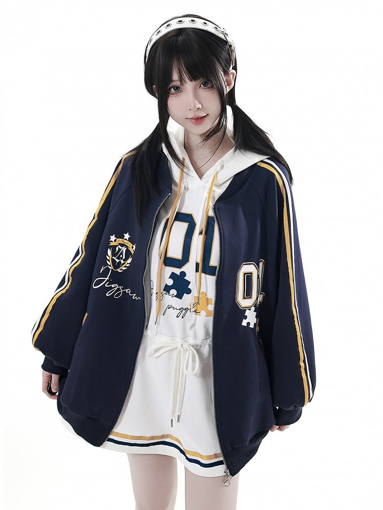 Dark Patch Style Blokette Core Zip-Up Shield Blue with | '01' Print Preppy Number Jacket