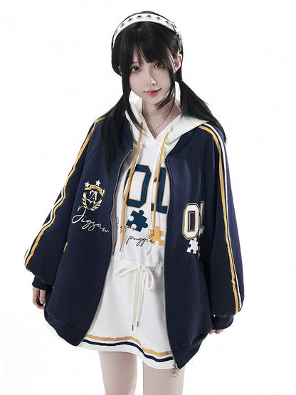 Dark Patch Style Blokette Core Zip-Up Shield Blue with | '01' Print Preppy Number Jacket