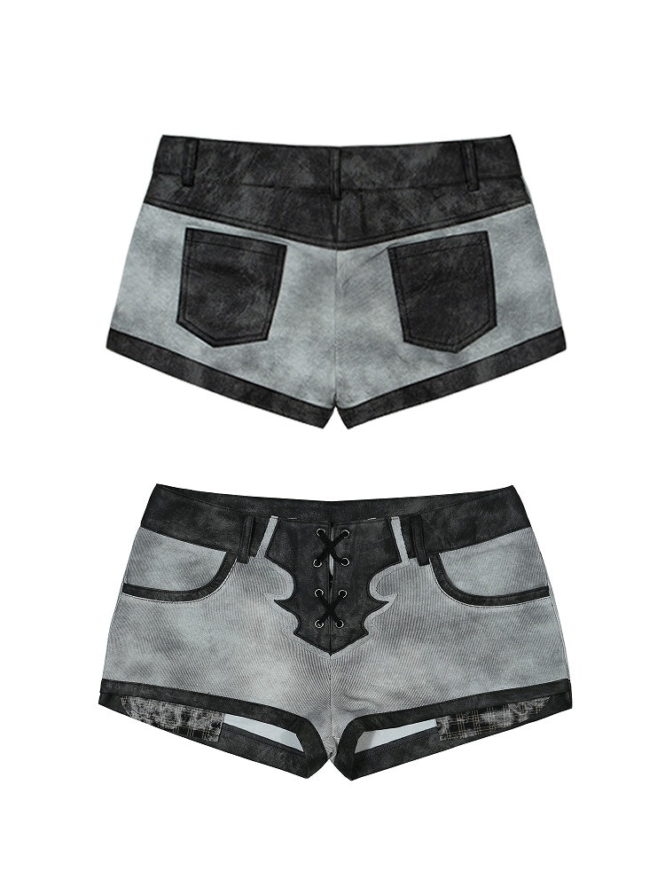 PU Gray Lacing Patchwork Low-Rise Black Shorts with Crisscross Punk