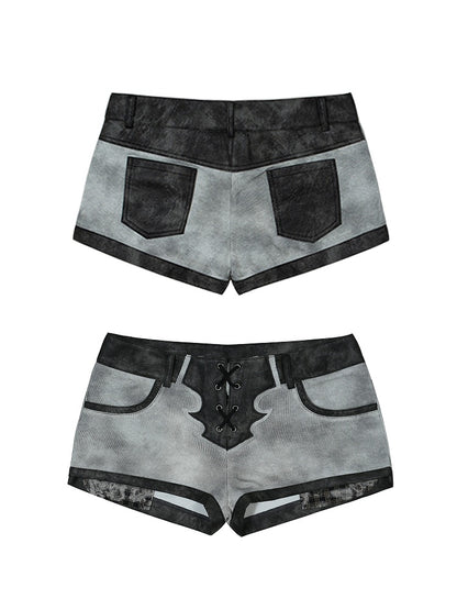 PU Gray Lacing Patchwork Low-Rise Black Shorts with Crisscross Punk