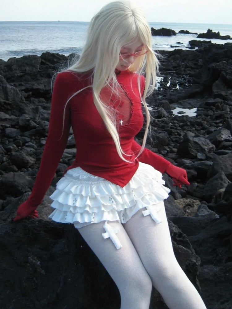 Gothic White Cross Charms Tiered Ruffles Satin Skort