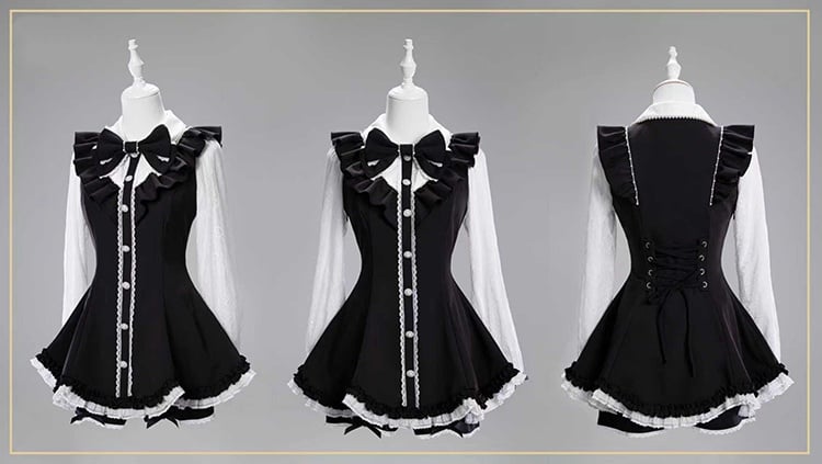 Black Kei with Coord Brooch and Set: White Trim Detachable Scalloped Shorts Edge Top Bow Jirai