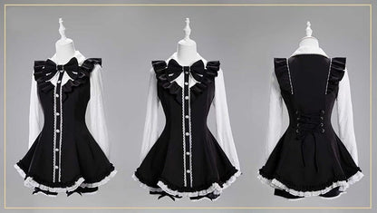 Black Kei with Coord Brooch and Set: White Trim Detachable Scalloped Shorts Edge Top Bow Jirai