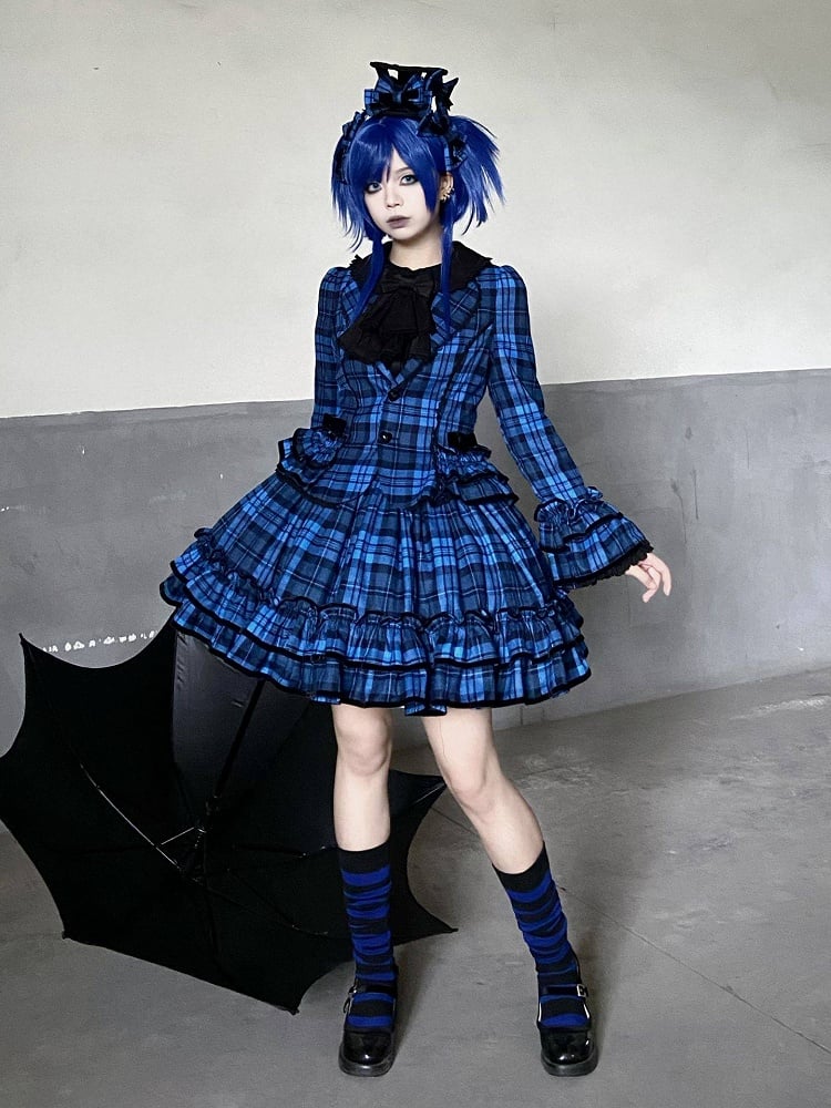 Lapel Notched Set School Blazer + Old Plaid - Lolita Ruffled Skirt Blue