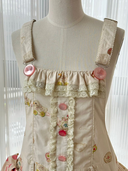 Print Dress Sweet with Waist Tiered Dropped Toys Hood Ears Skirt Bear Lolita Overall