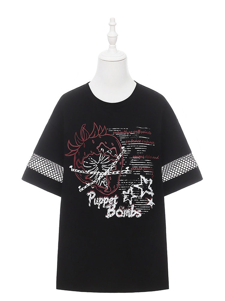 Black Strawberry & Chain Print Mesh T-Shirt - Puppet Bombs