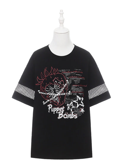 Black Strawberry & Chain Print Mesh T-Shirt - Puppet Bombs