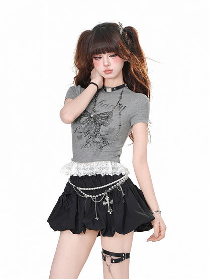 Gray/White Butterfly Ruffled Lace Trim T-Shirt