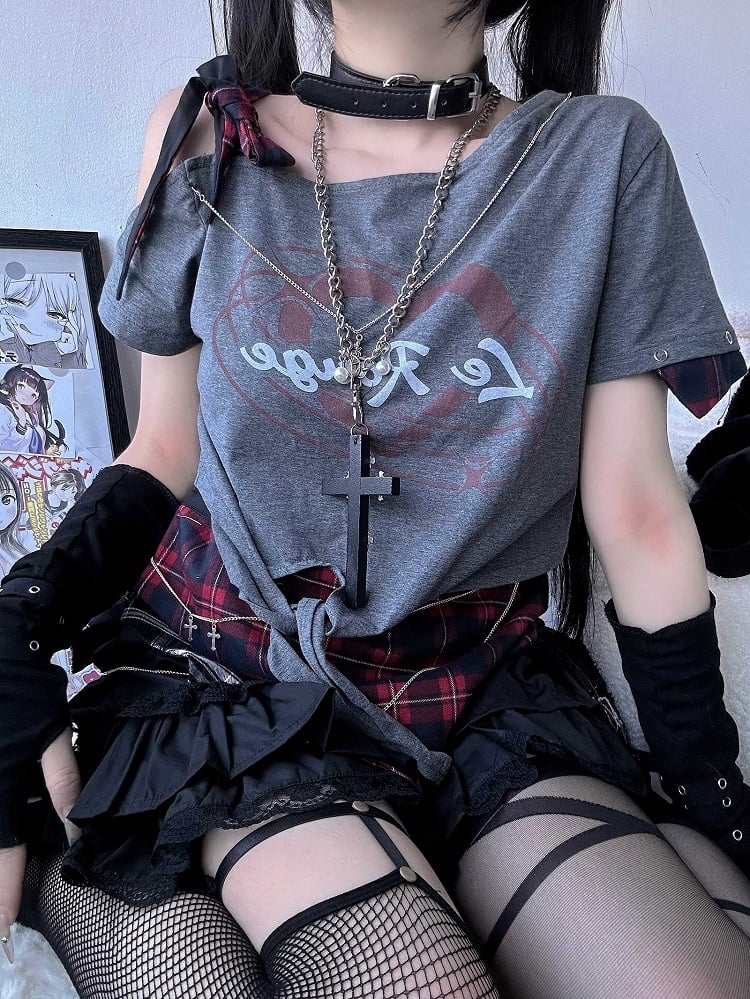 Drucken Sie asymmetrischen Ausschnitt Buchstaben Y2K Schwarzes glamouröses T-Shirt
