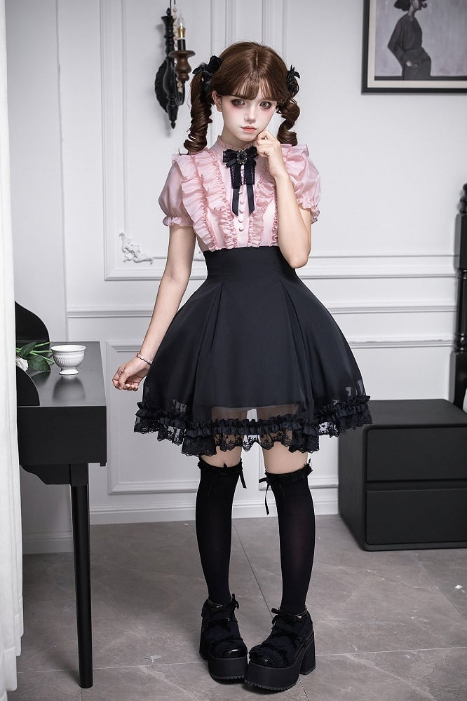 Pink Ruffled Blouse & Black Short Skirt Fake Two Pieces Lolita Dress - With PUJI