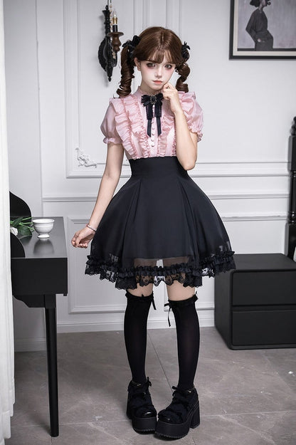 Pink Ruffled Blouse & Black Short Skirt Fake Two Pieces Lolita Dress - With PUJI