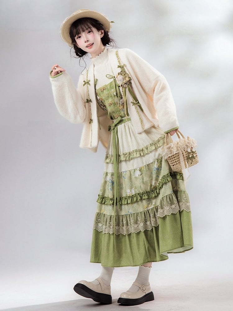 Green Chinese-Inspired Printed Layered Trim Elastic Waist Skirt - Luo Xiu Dong Xiang