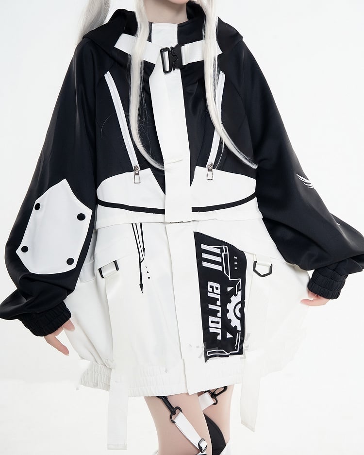 in Futuristic Techwear Detachable White Design Colorblock Landmine Style Black Jacket and