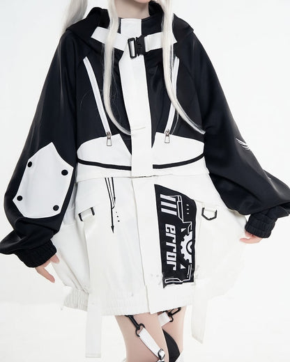 in futuristischer Techwear, abnehmbares weißes Design, Colorblock-Landmine-Stil, schwarze Jacke und