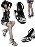 Design Silver in PU High Square Toe Heels Crisscross Stud Embellishments Style Punk