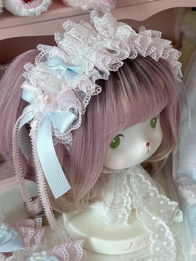 Design Ruffled Hairband Pink/PinkBlue Floral Details Bowknot