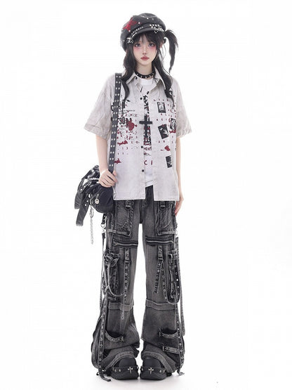White Short Sleeve Shirt with Graffiti Print - KNOW8 Online Shop