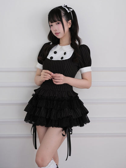 Black Striped Two-piece Set - Peter Pan Collar Top + Lace Ruffle Tiered Skirt - Jirai-Kei - No Genki