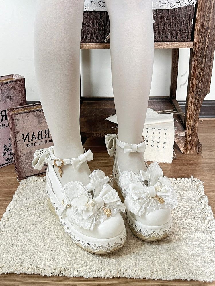 White Kawaii Bowknot Lace Round Toe Shoes with Rabbit Ears - Cheese Mango