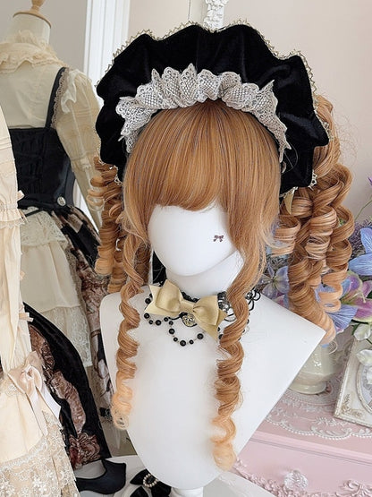 ワインベルベットレッド/ブラック+マットボンネット4つの蝶結びブローチトリムレース