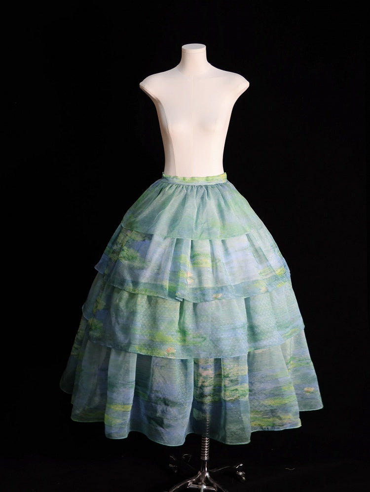 Sky Organza Tiered Skirt Blue/Light Pink/Purple/Green Oil Painting Print