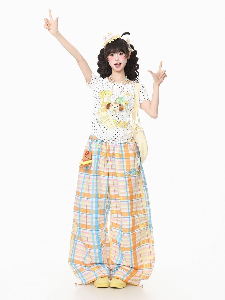 Orange Plaid Wide-Leg Pants with Embroidery - Languid Park