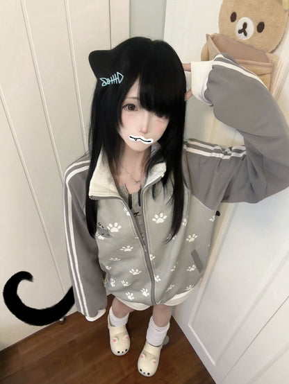 Prints Jacket Grey Cotton Themed Cat with Patch Paw