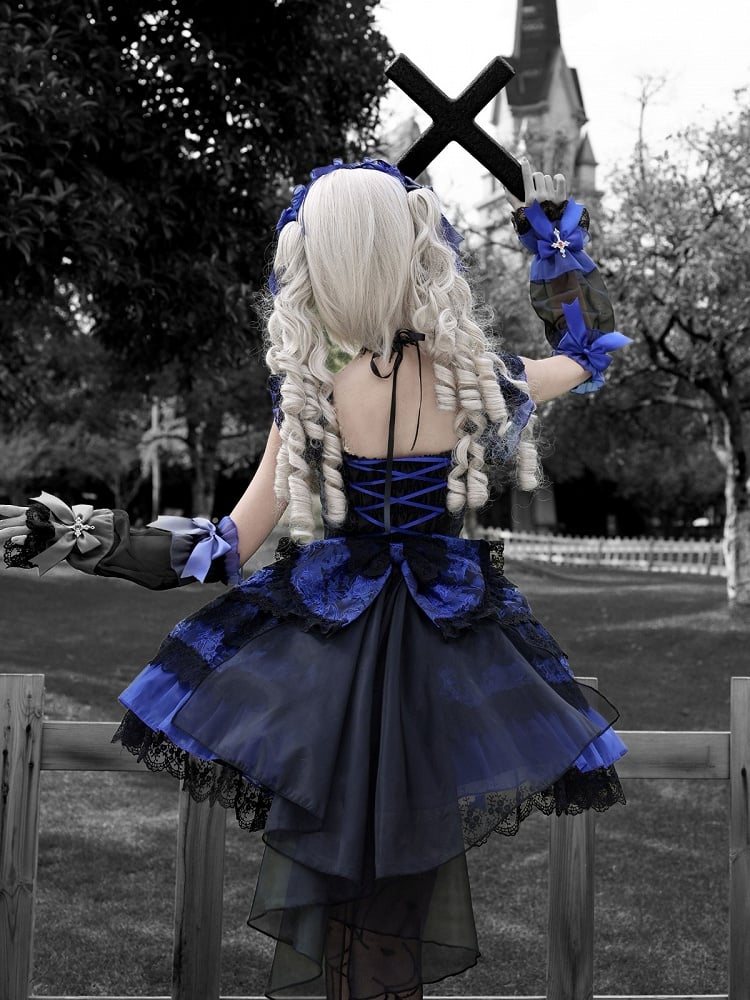 Gothic Lolita JSK Dress with Cross & Spider Details, Layer Lace Trim & Bowknots in Black & Blue - Dream Flower Box