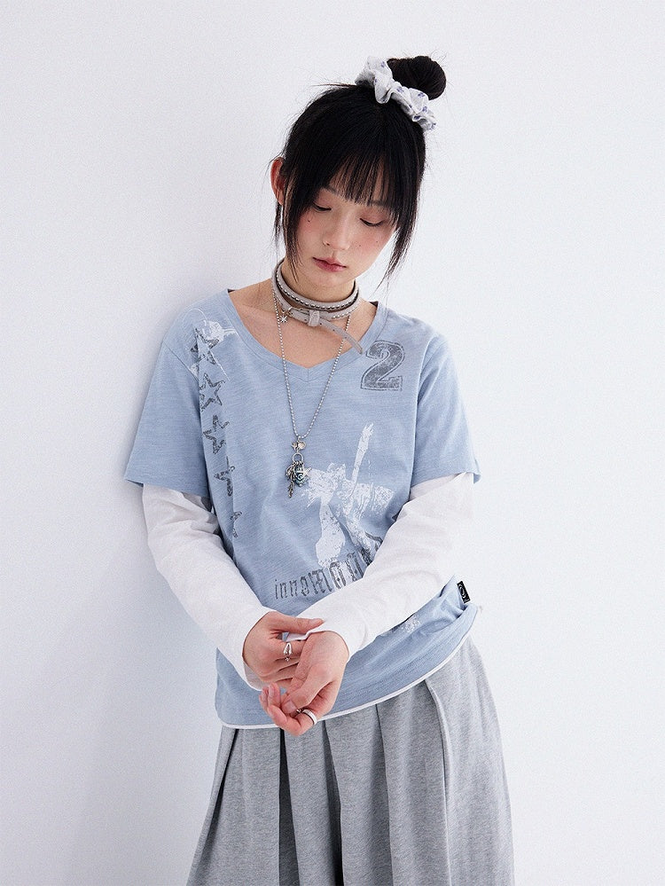 Dusty Blue Fake Two-Piece V-Neck Long Sleeve Tee with Print - innomoood