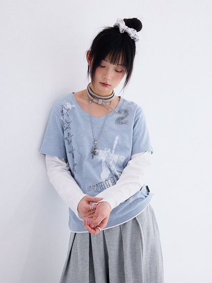 Dusty Blue Fake Two-Piece V-Neck Long Sleeve Tee with Print - innomoood