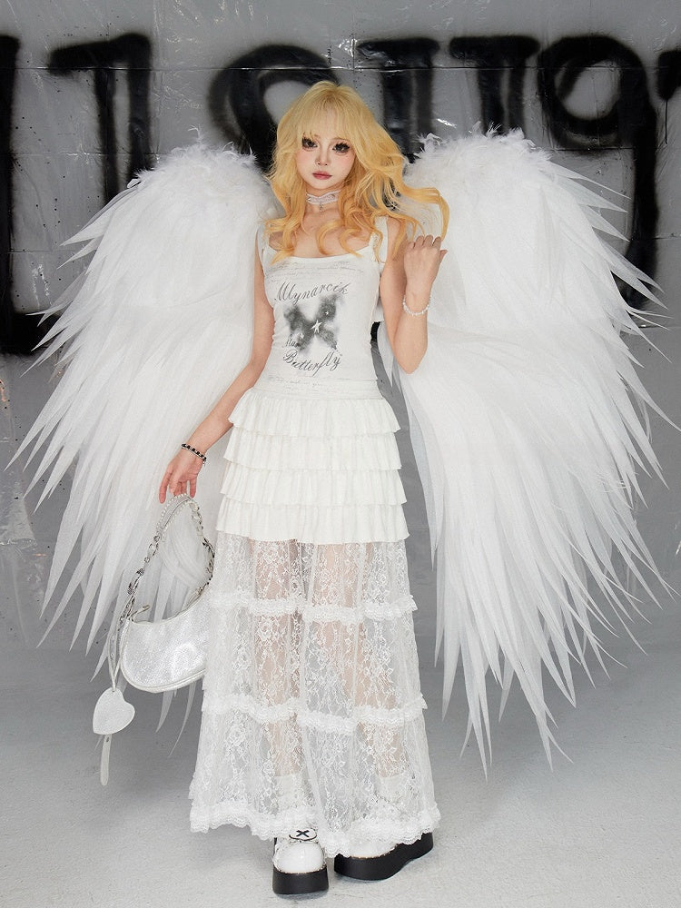 ロングホワイトレーススカート裾フリルティアード